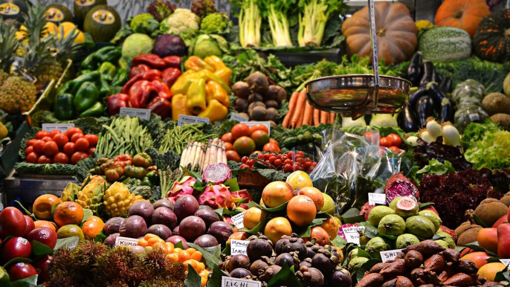 Colorful produce and spices at an Anatolian food market